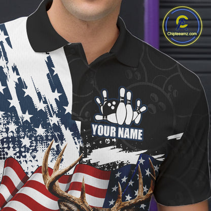 American Flag Deer Bowling Shirts For Men Custom Patriotic Black Camo Bowling Team Jersey TDM7453