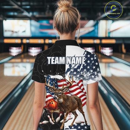 American Flag Deer Bowling Shirts For Women Custom Patriotic Black Camo Bowling Team Jersey TDM7453