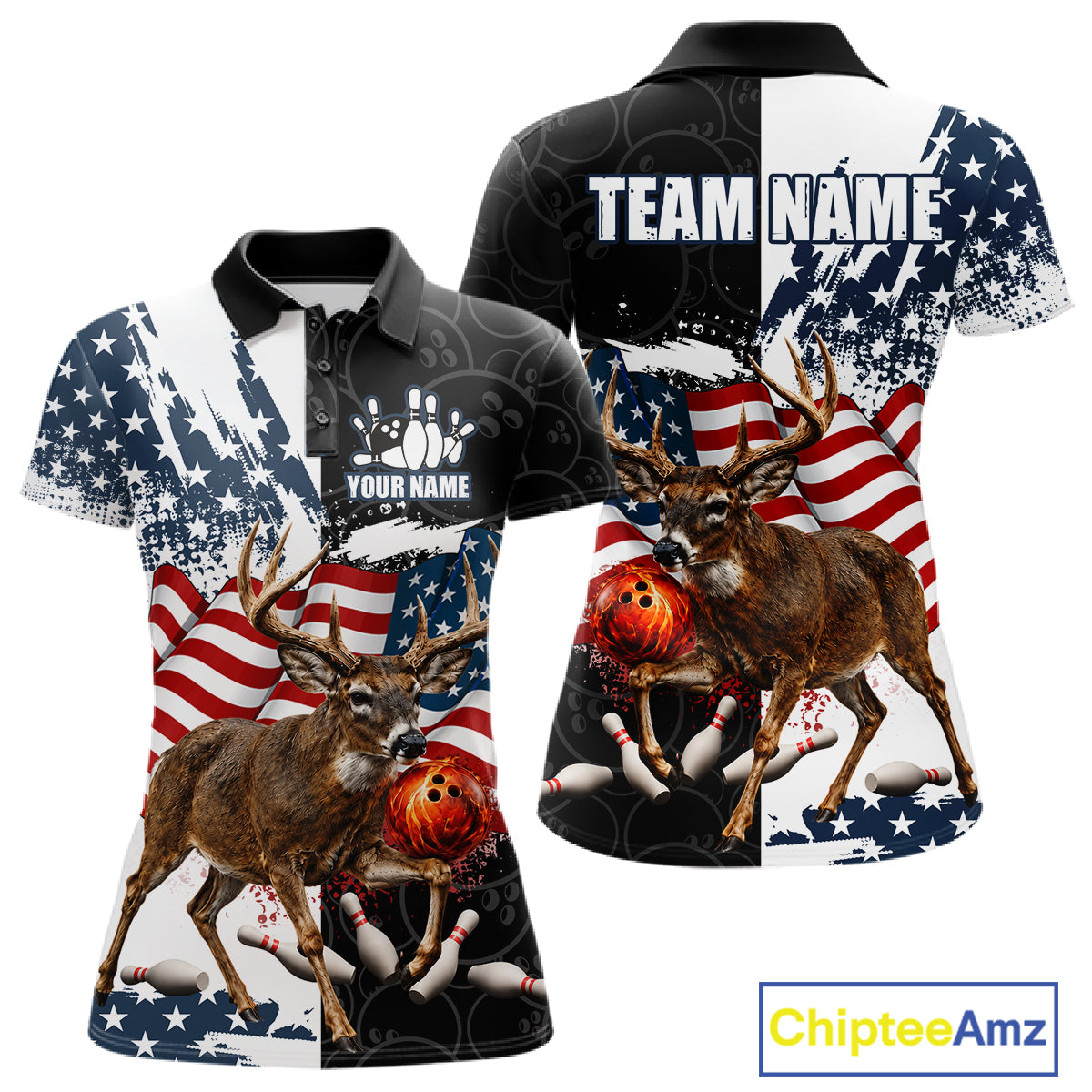 American Flag Deer Bowling Shirts For Women Custom Patriotic Black Camo Bowling Team Jersey TDM7453