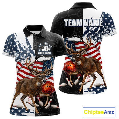 American Flag Deer Bowling Shirts For Women Custom Patriotic Black Camo Bowling Team Jersey TDM7453