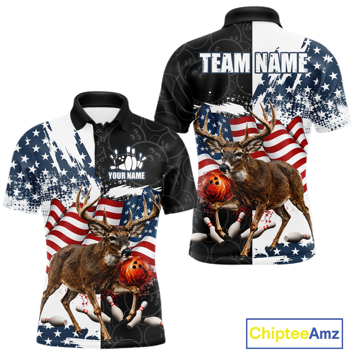 American Flag Deer Bowling Shirts For Men Custom Patriotic Black Camo Bowling Team Jersey TDM7453