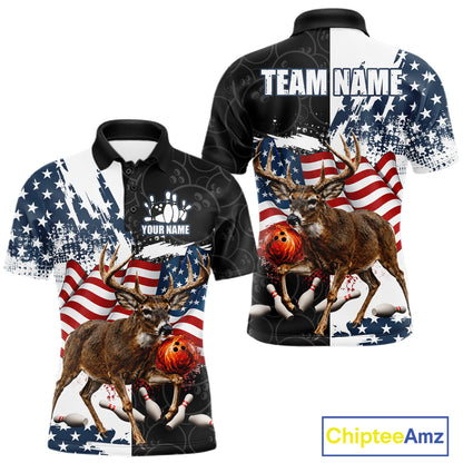 American Flag Deer Bowling Shirts For Men Custom Patriotic Black Camo Bowling Team Jersey TDM7453