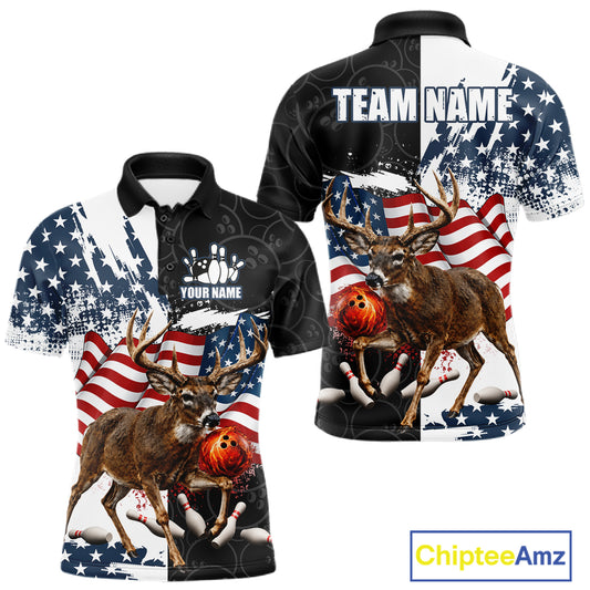 American Flag Deer Bowling Shirts For Men Custom Patriotic Black Camo Bowling Team Jersey TDM7453