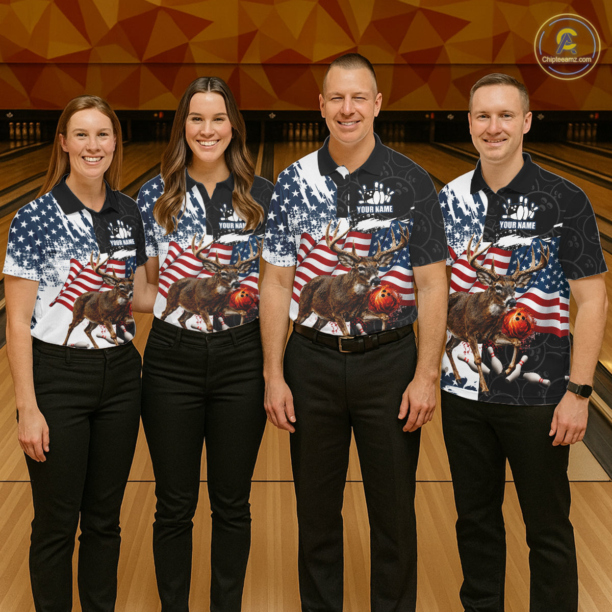American Flag Deer Bowling Shirts For Women Custom Patriotic Black Camo Bowling Team Jersey TDM7453