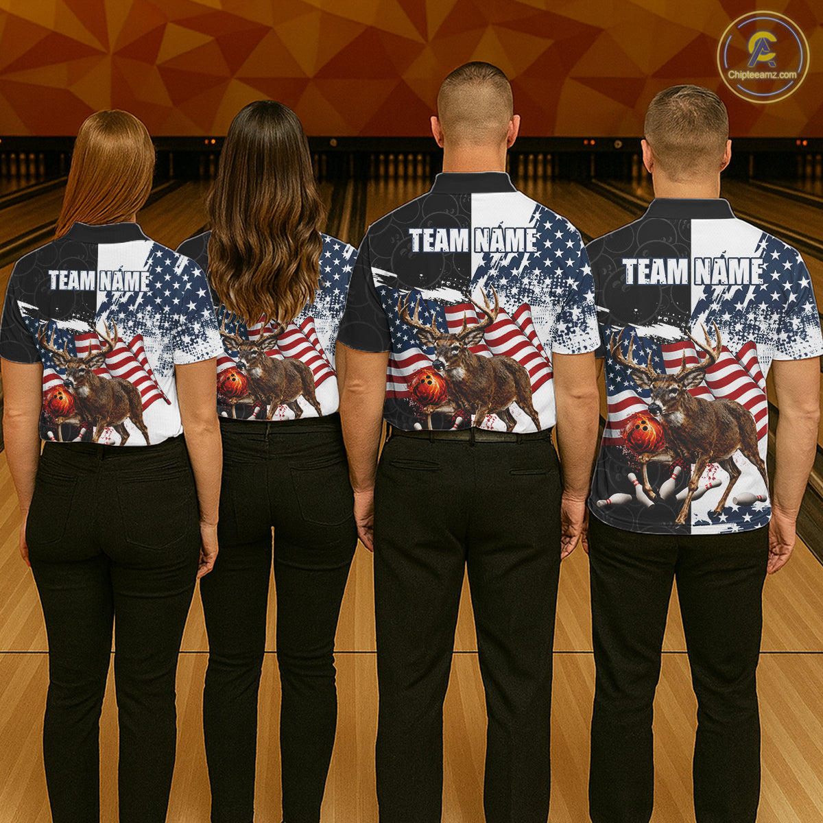 American Flag Deer Bowling Shirts For Women Custom Patriotic Black Camo Bowling Team Jersey TDM7453