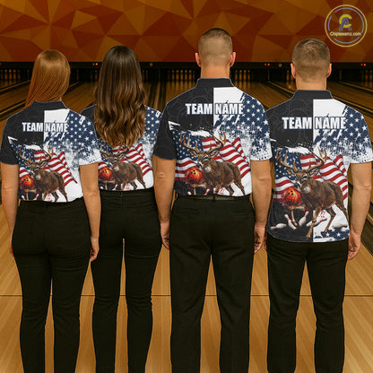 American Flag Deer Bowling Shirts For Women Custom Patriotic Black Camo Bowling Team Jersey TDM7453