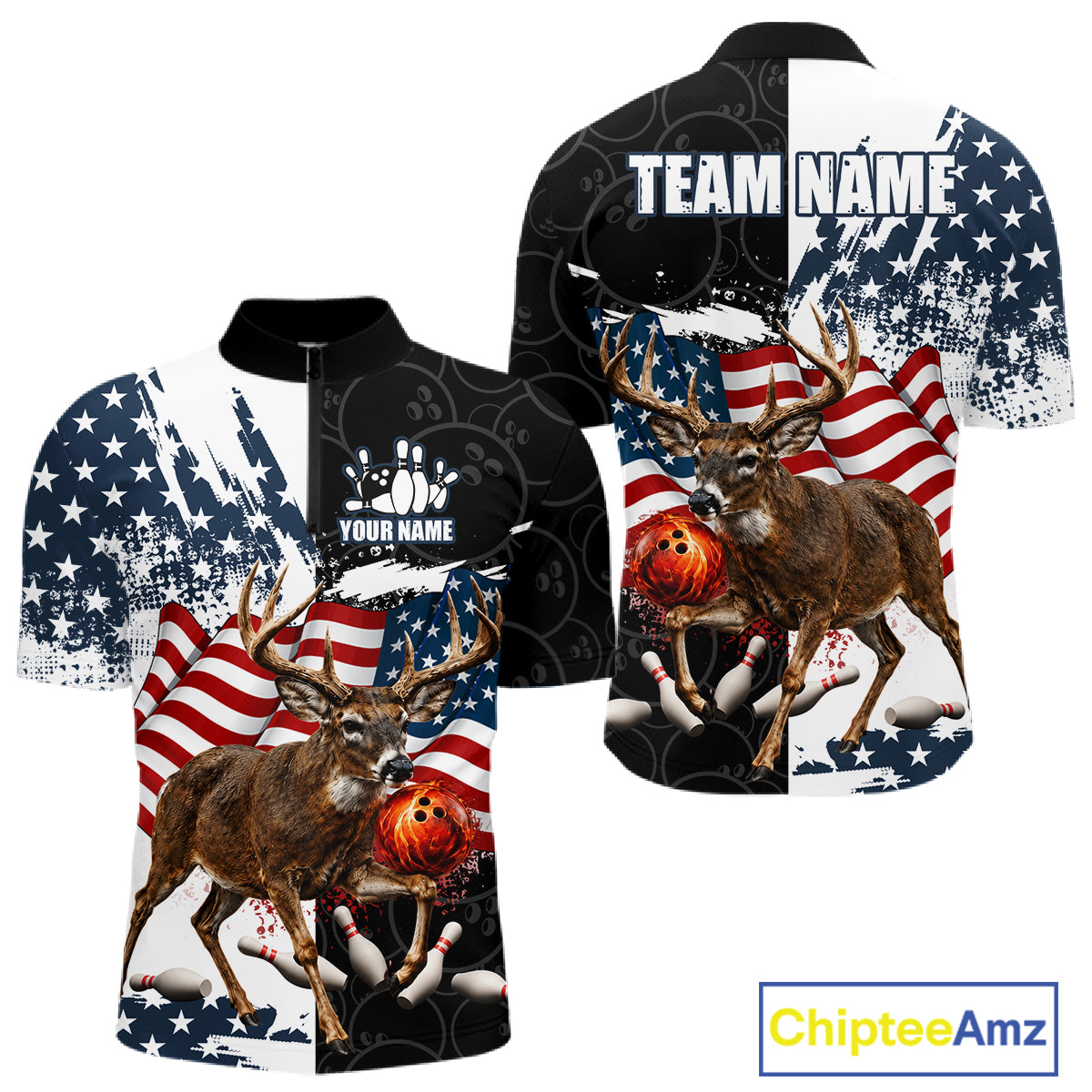 American Flag Deer Bowling Shirts For Men Custom Patriotic Black Camo Bowling Team Jersey TDM7453