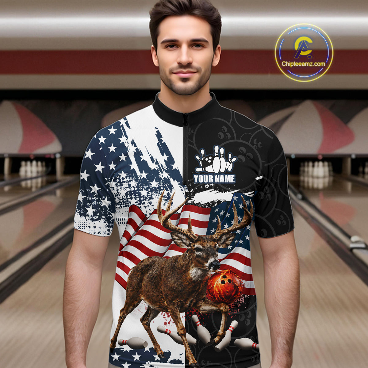American Flag Deer Bowling Shirts For Men Custom Patriotic Black Camo Bowling Team Jersey TDM7453