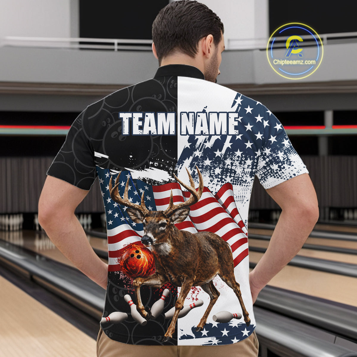 American Flag Deer Bowling Shirts For Men Custom Patriotic Black Camo Bowling Team Jersey TDM7453