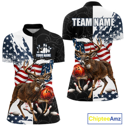American Flag Deer Bowling Shirts For Women Custom Patriotic Black Camo Bowling Team Jersey TDM7453