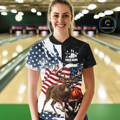 American Flag Deer Bowling Shirts For Women Custom Patriotic Black Camo Bowling Team Jersey TDM7453