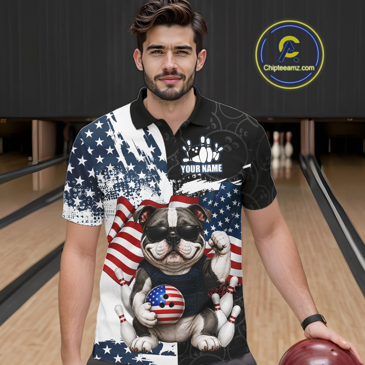 Funny Bulldog American Flag Bowling Jerseys For Men Custom Patriotic Bowling League Team Shirts TDM7454