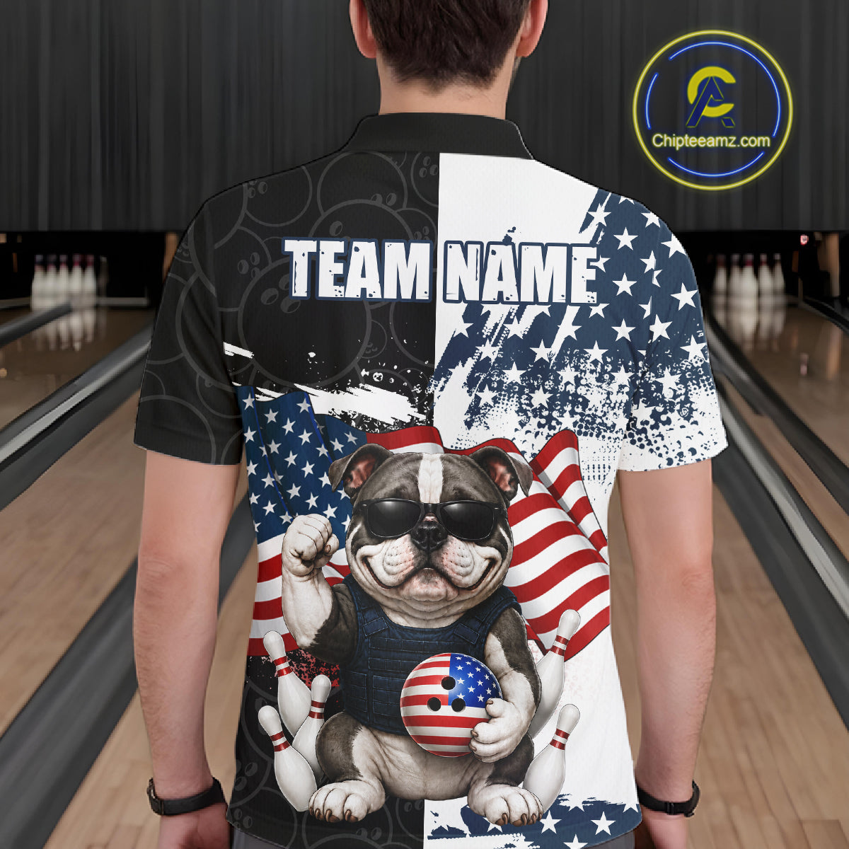 Funny Bulldog American Flag Bowling Jerseys For Men Custom Patriotic Bowling League Team Shirts TDM7454