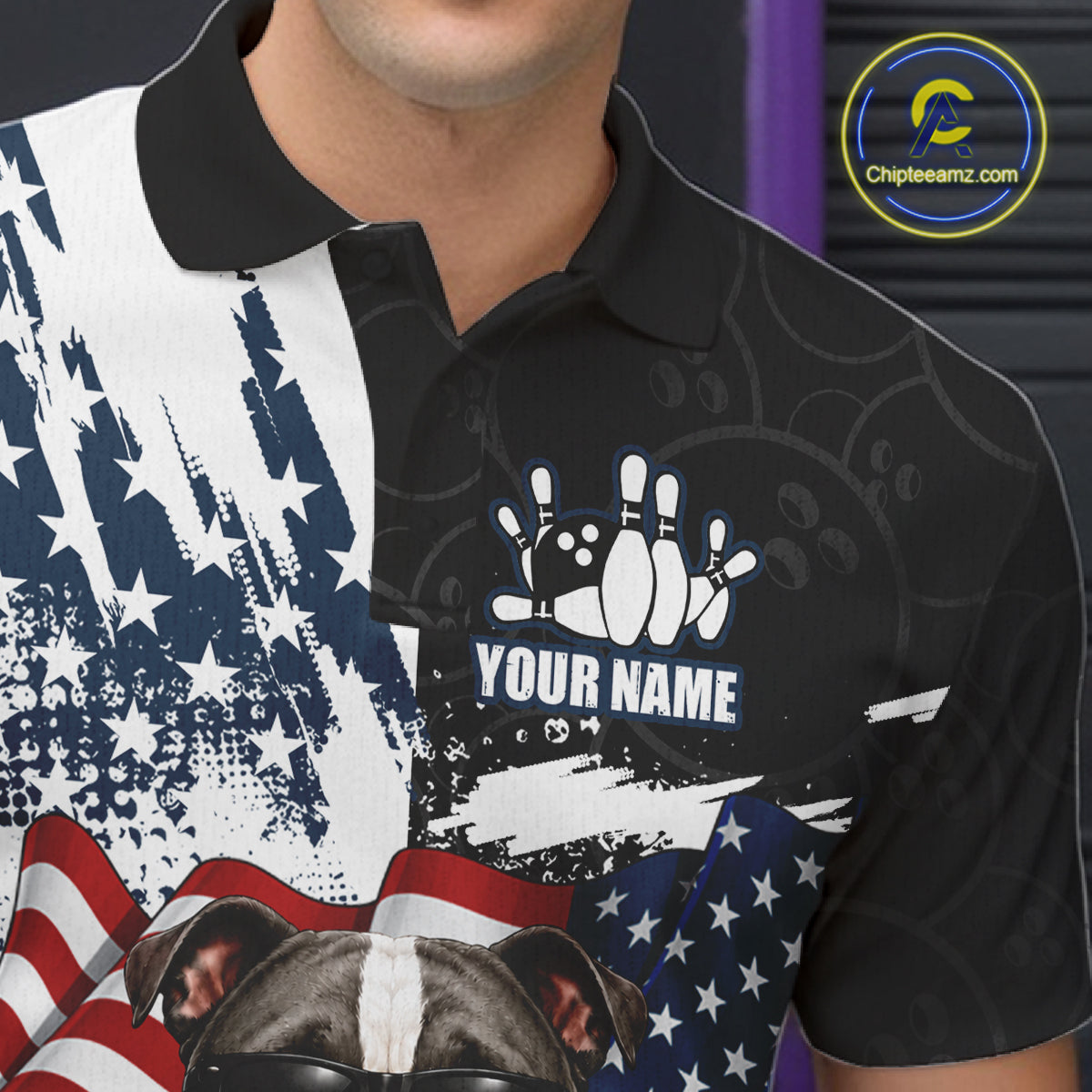 Funny Bulldog American Flag Bowling Jerseys For Men Custom Patriotic Bowling League Team Shirts TDM7454