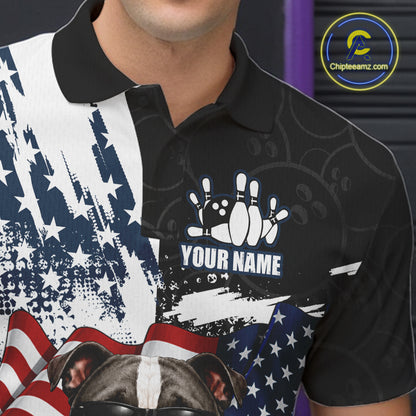 Funny Bulldog American Flag Bowling Jerseys For Men Custom Patriotic Bowling League Team Shirts TDM7454