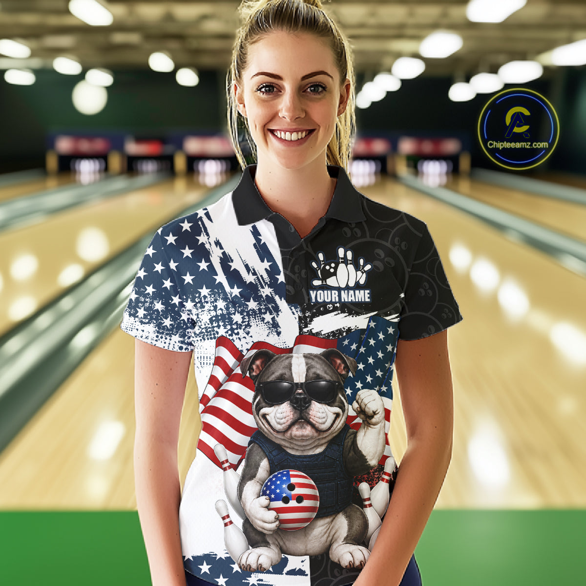 Funny Bulldog American Flag Bowling Jerseys For Women Custom Patriotic Bowling League Team Shirts TDM7454
