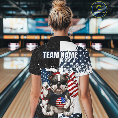 Funny Bulldog American Flag Bowling Jerseys For Women Custom Patriotic Bowling League Team Shirts TDM7454