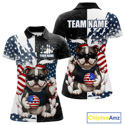 Funny Bulldog American Flag Bowling Jerseys For Women Custom Patriotic Bowling League Team Shirts TDM7454