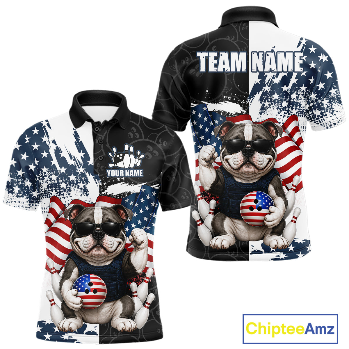 Funny Bulldog American Flag Bowling Jerseys For Men Custom Patriotic Bowling League Team Shirts TDM7454