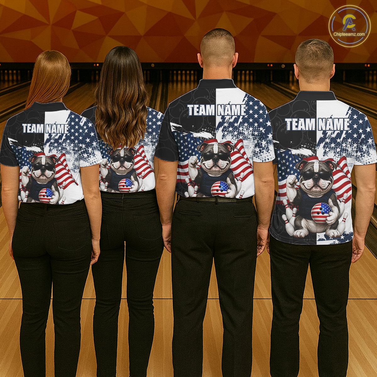 Funny Bulldog American Flag Bowling Jerseys For Women Custom Patriotic Bowling League Team Shirts TDM7454