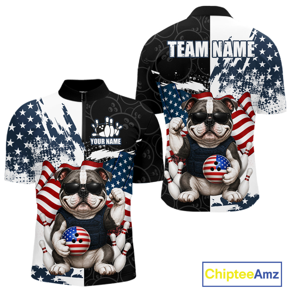 Funny Bulldog American Flag Bowling Jerseys For Men Custom Patriotic Bowling League Team Shirts TDM7454