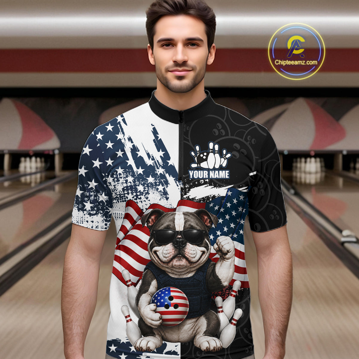 Funny Bulldog American Flag Bowling Jerseys For Men Custom Patriotic Bowling League Team Shirts TDM7454