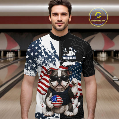 Funny Bulldog American Flag Bowling Jerseys For Men Custom Patriotic Bowling League Team Shirts TDM7454
