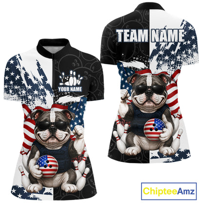 Funny Bulldog American Flag Bowling Jerseys For Women Custom Patriotic Bowling League Team Shirts TDM7454