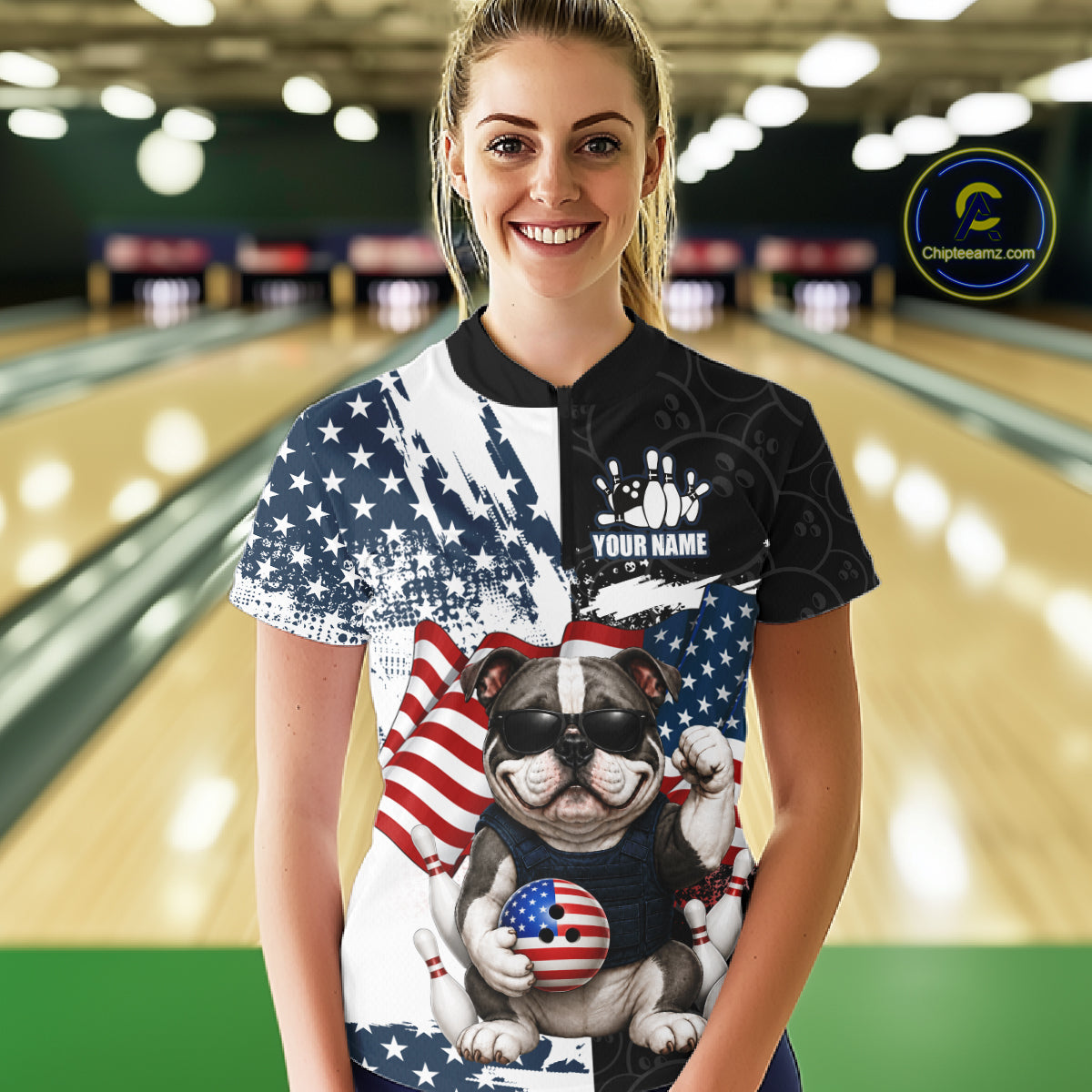 Funny Bulldog American Flag Bowling Jerseys For Women Custom Patriotic Bowling League Team Shirts TDM7454