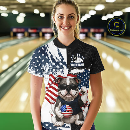 Funny Bulldog American Flag Bowling Jerseys For Women Custom Patriotic Bowling League Team Shirts TDM7454