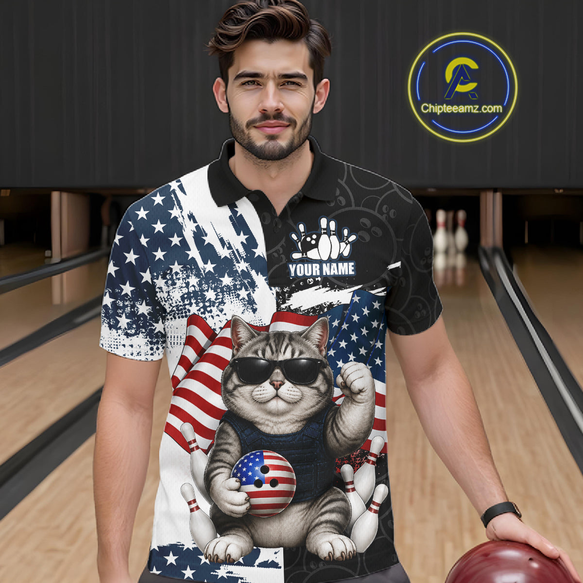 Personalized Funny Cat American Flag Bowling Jerseys For Men Custom Patriotic Bowling Team Shirts TDM7455
