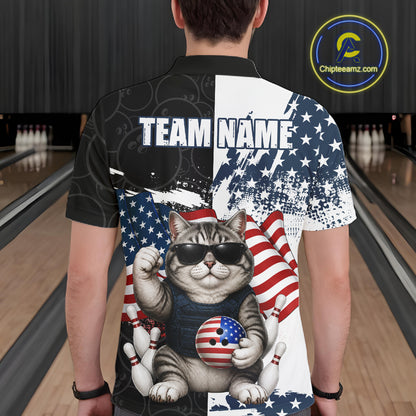 Personalized Funny Cat American Flag Bowling Jerseys For Men Custom Patriotic Bowling Team Shirts TDM7455