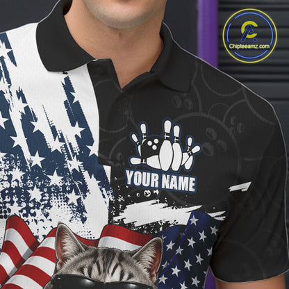 Personalized Funny Cat American Flag Bowling Jerseys For Men Custom Patriotic Bowling Team Shirts TDM7455