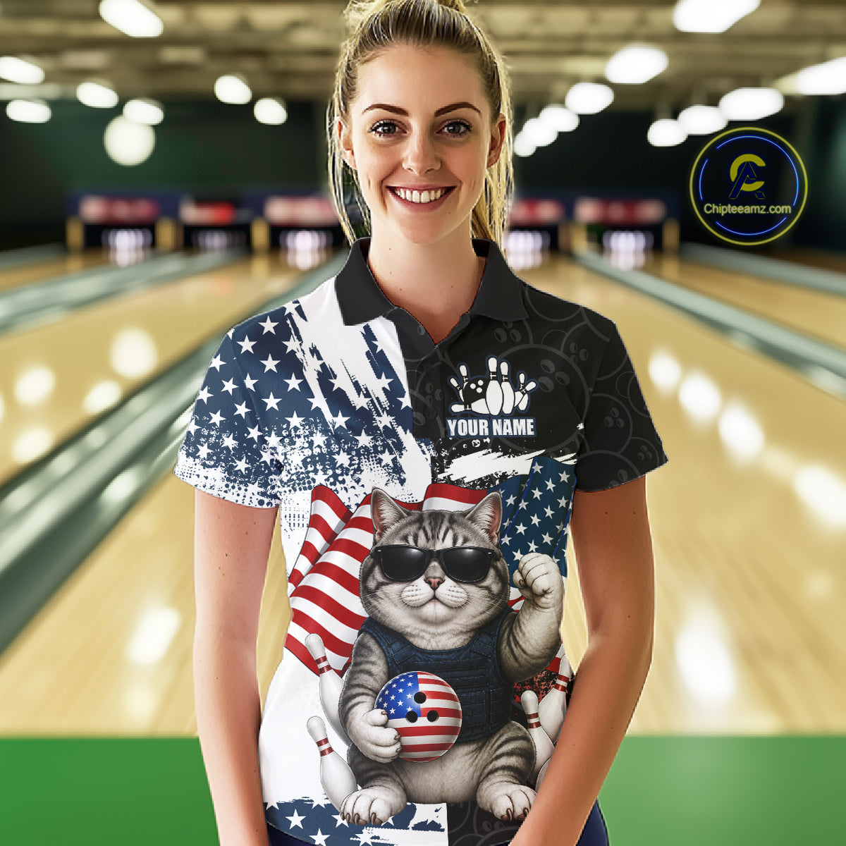 Personalized Funny Cat American Flag Bowling Jerseys For Women Custom Patriotic Bowling Team Shirts TDM7455