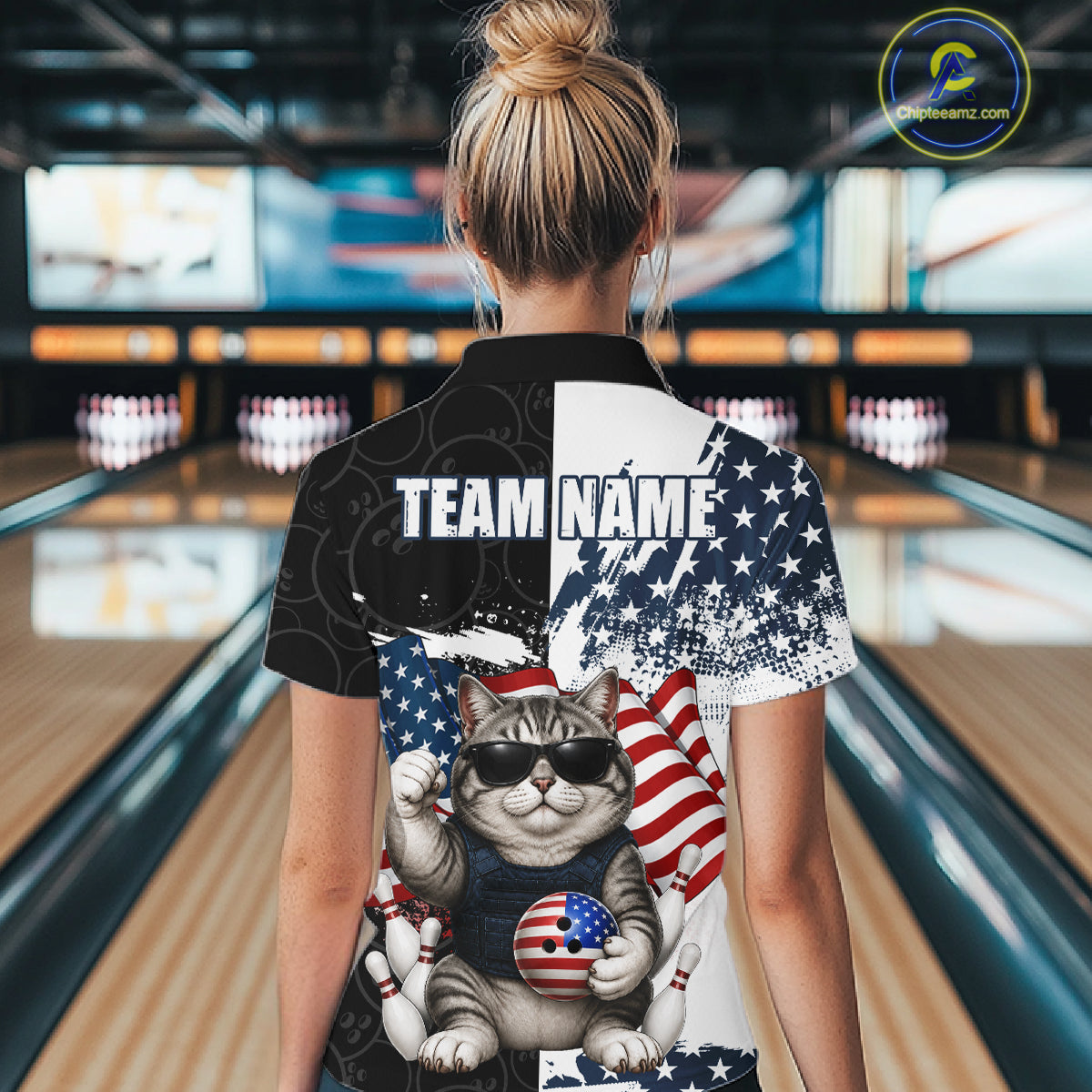 Personalized Funny Cat American Flag Bowling Jerseys For Women Custom Patriotic Bowling Team Shirts TDM7455
