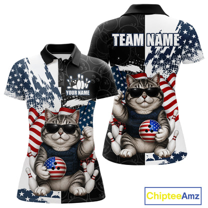 Personalized Funny Cat American Flag Bowling Jerseys For Women Custom Patriotic Bowling Team Shirts TDM7455