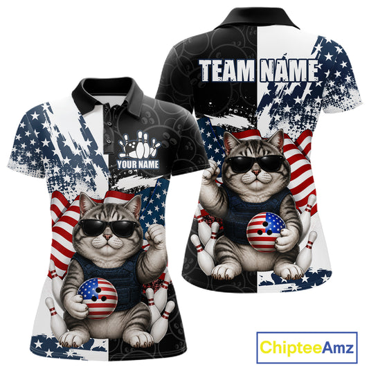 Personalized Funny Cat American Flag Bowling Jerseys For Women Custom Patriotic Bowling Team Shirts TDM7455