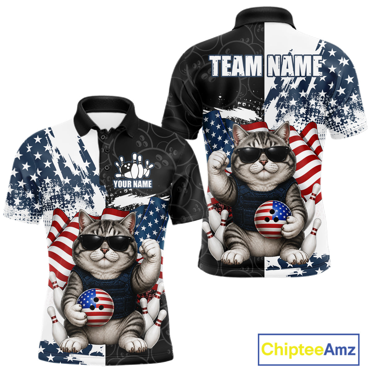 Personalized Funny Cat American Flag Bowling Jerseys For Men Custom Patriotic Bowling Team Shirts TDM7455