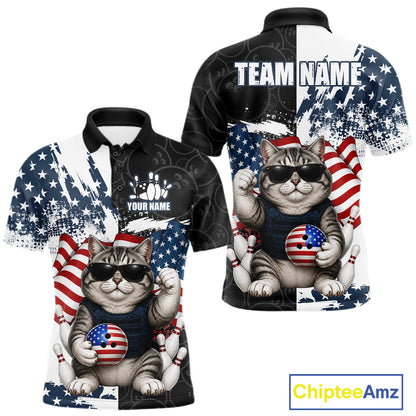 Personalized Funny Cat American Flag Bowling Jerseys For Men Custom Patriotic Bowling Team Shirts TDM7455
