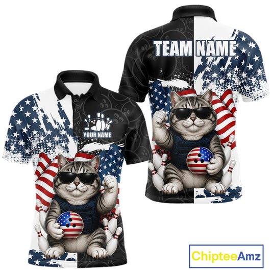 Personalized Funny Cat American Flag Bowling Jerseys For Men Custom Patriotic Bowling Team Shirts TDM7455