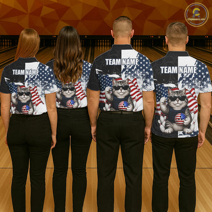 Personalized Funny Cat American Flag Bowling Jerseys For Women Custom Patriotic Bowling Team Shirts TDM7455