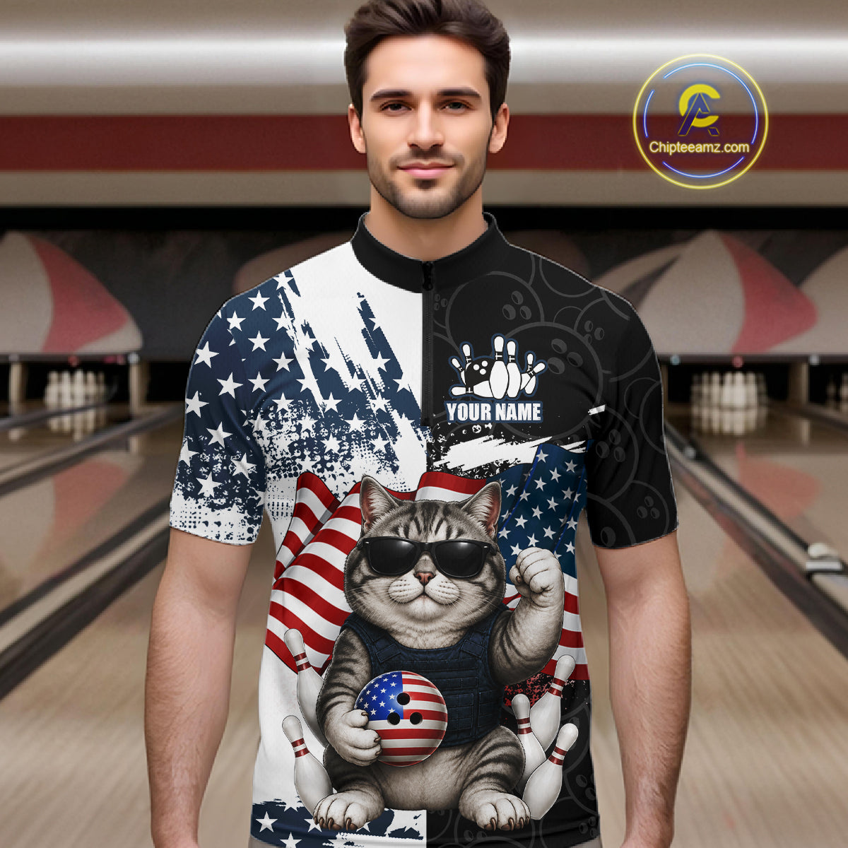 Personalized Funny Cat American Flag Bowling Jerseys For Men Custom Patriotic Bowling Team Shirts TDM7455