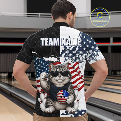 Personalized Funny Cat American Flag Bowling Jerseys For Men Custom Patriotic Bowling Team Shirts TDM7455