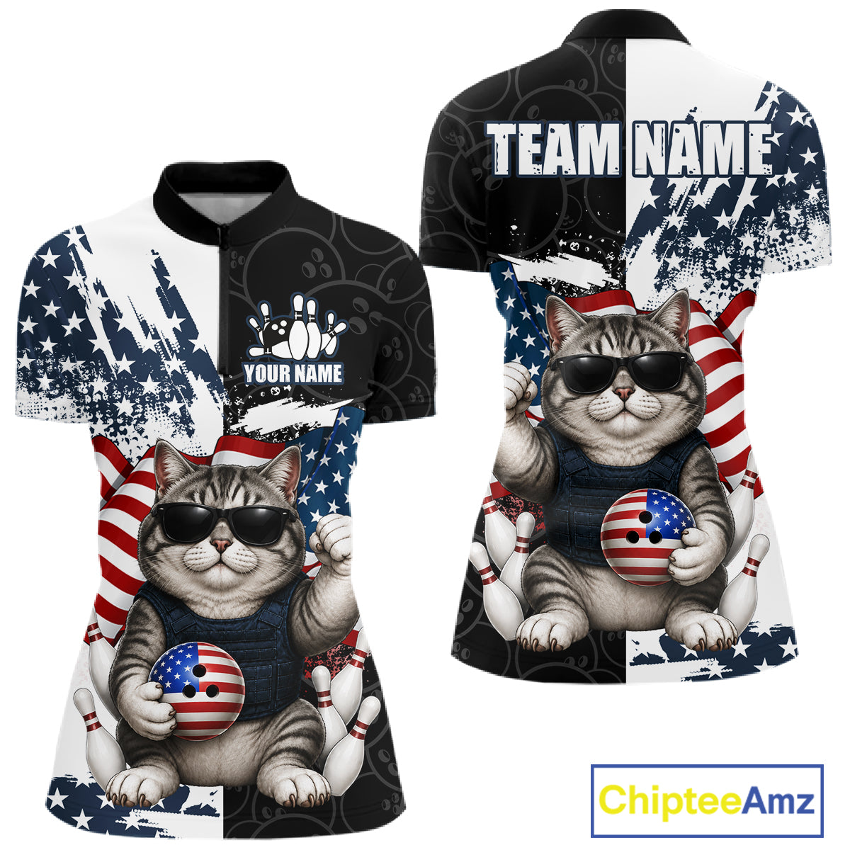 Personalized Funny Cat American Flag Bowling Jerseys For Women Custom Patriotic Bowling Team Shirts TDM7455