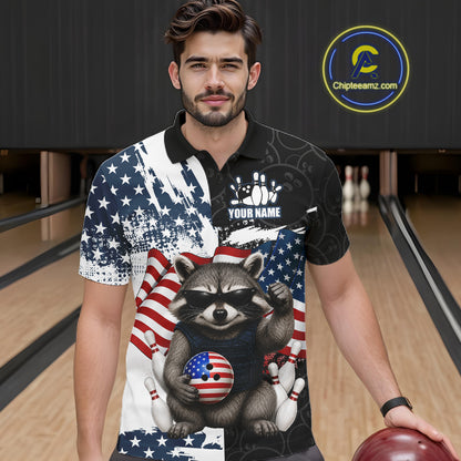 Funny Raccoon American Flag Bowling Jerseys For Men Custom Patriotic Bowling League Team Shirts TDM7456
