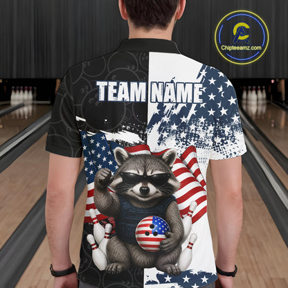 Funny Raccoon American Flag Bowling Jerseys For Men Custom Patriotic Bowling League Team Shirts TDM7456