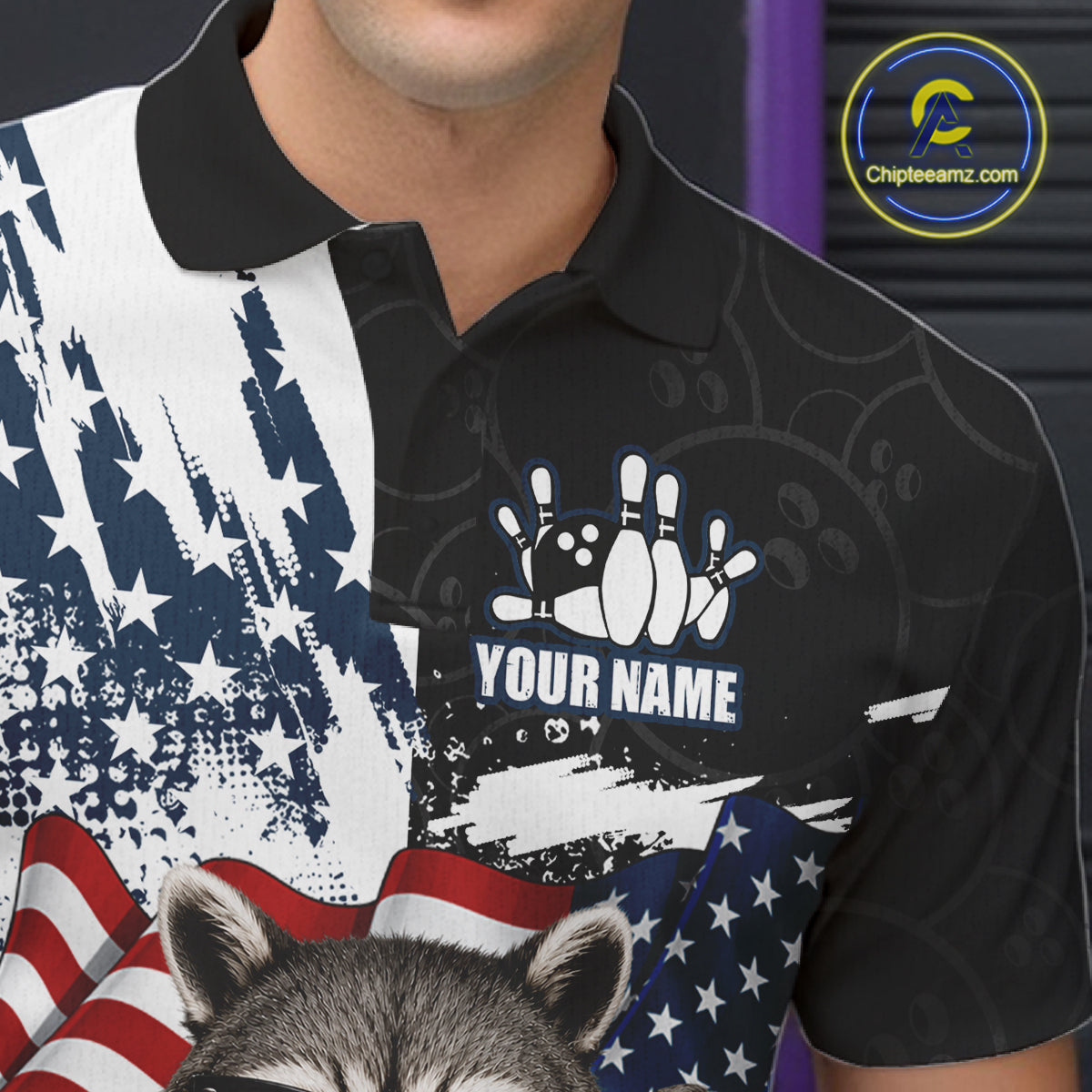 Funny Raccoon American Flag Bowling Jerseys For Men Custom Patriotic Bowling League Team Shirts TDM7456