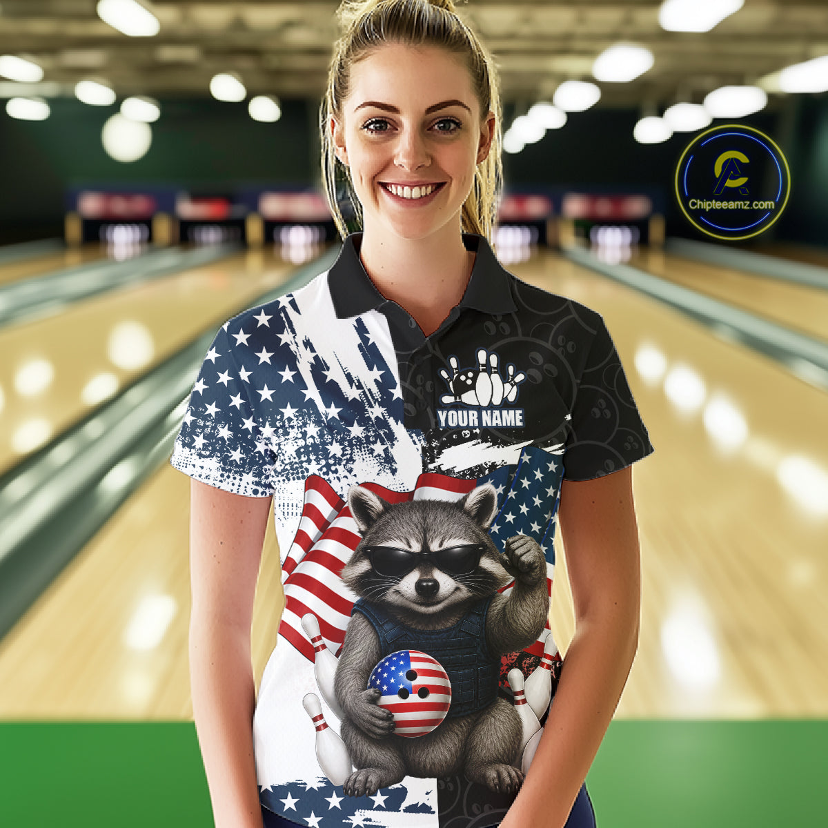 Funny Raccoon American Flag Bowling Jerseys For Women Custom Patriotic Bowling League Team Shirts TDM7456