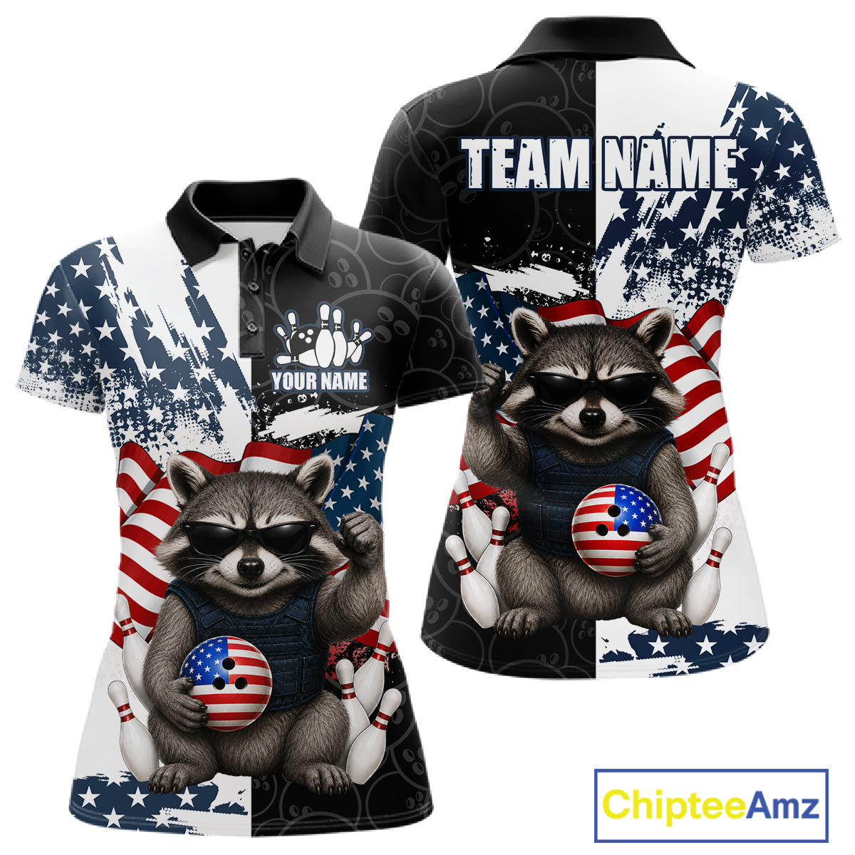 Funny Raccoon American Flag Bowling Jerseys For Women Custom Patriotic Bowling League Team Shirts TDM7456