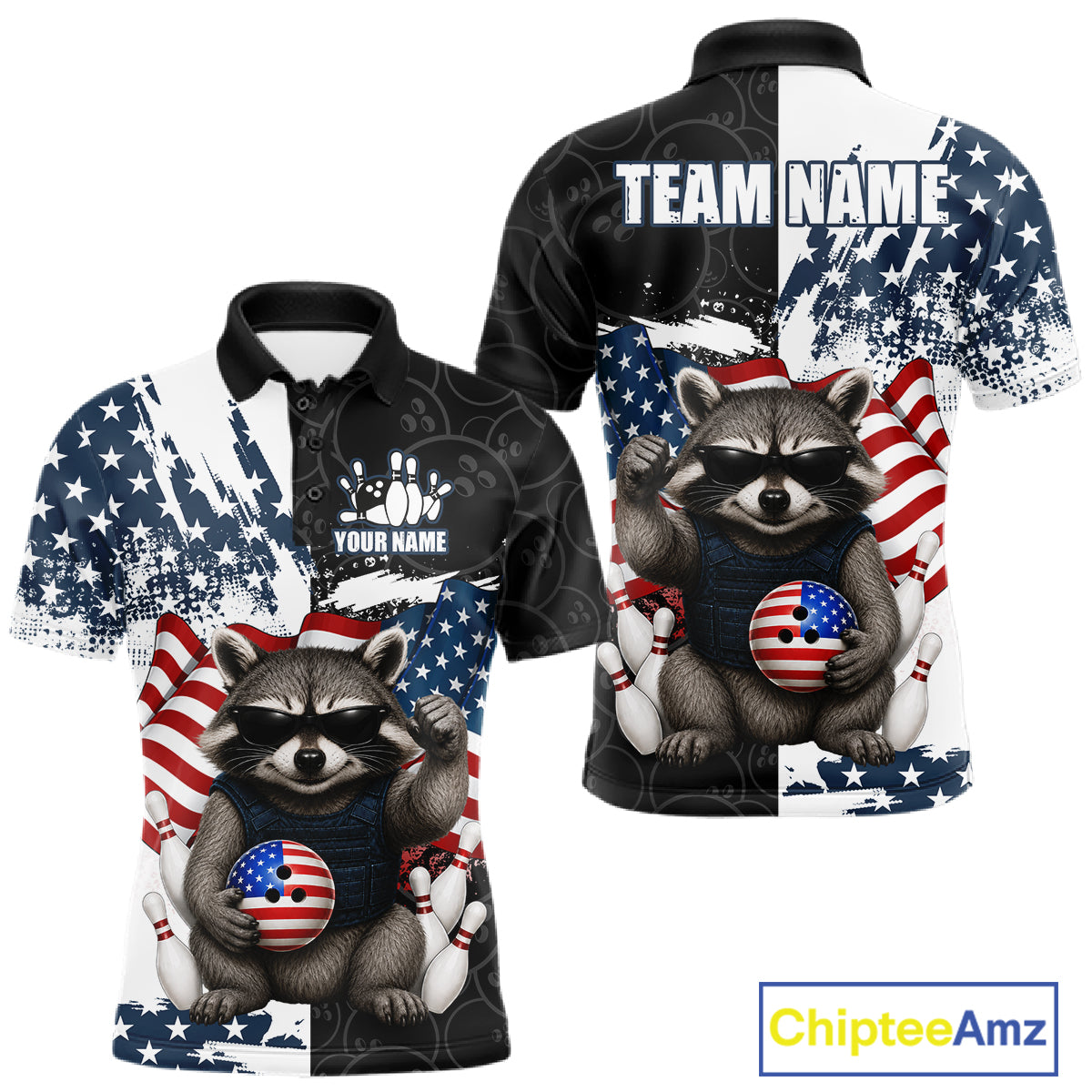 Funny Raccoon American Flag Bowling Jerseys For Men Custom Patriotic Bowling League Team Shirts TDM7456